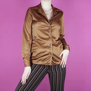 vintage 1970s retro brown beige womens ladies 1980s blouse shirt top small 10 12 - Picture 1 of 14