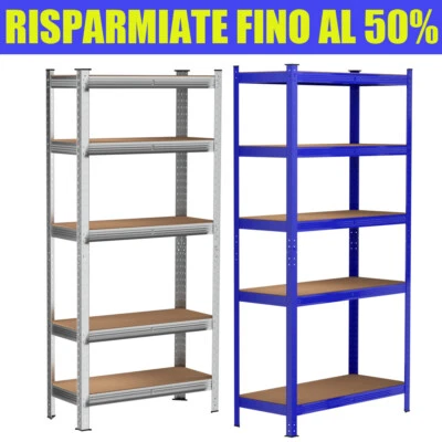 SCAFFALE 5 RIPIANI METALLO ZINCATO E LEGNO IN MDF 170/180/200CM CARICHI PESANTI - Immagine 1 di 4