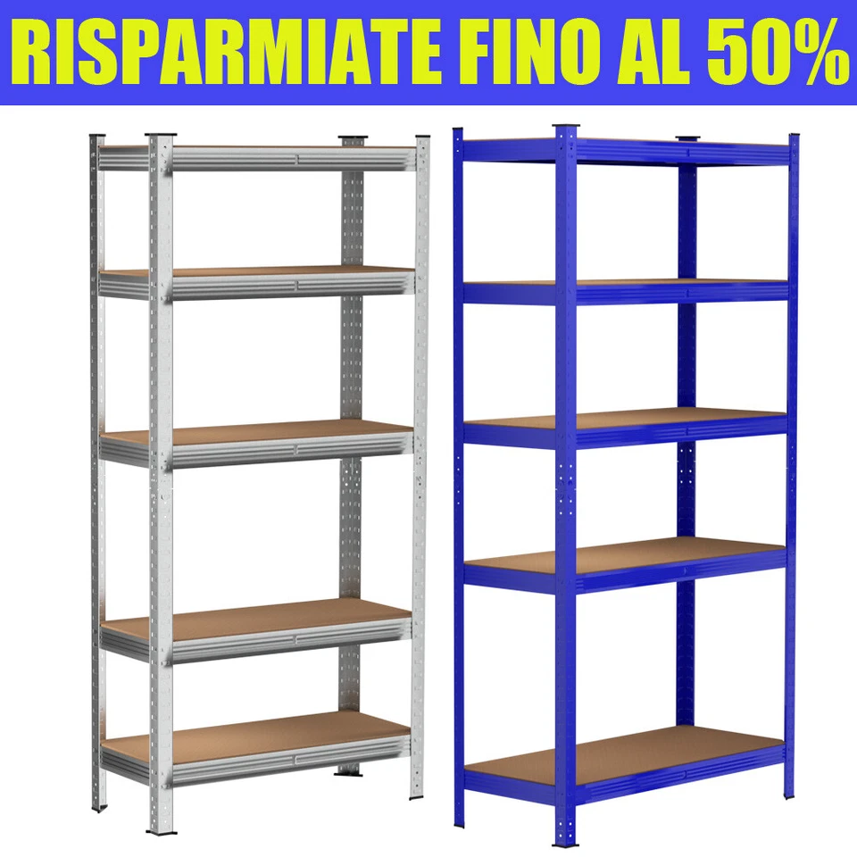 SCAFFALE 5 RIPIANI METALLO ZINCATO E LEGNO IN MDF 170/180/200CM CARICHI PESANTI - Immagine 1 di 4