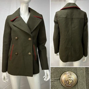 Express Army Green Red Trim Pea Coat Flannel Double Breasted Coat Jacket Small - Picture 1 of 6