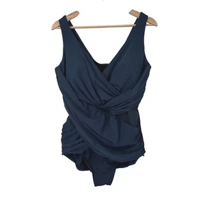 Miraclesuit One-Piece Swimsuit Tummy Control Ruched Blue EST Size 16 Crossover - Picture 1 of 7