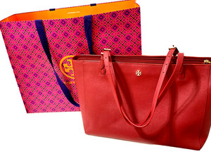TORY BURCH Red Saffiano Leather York Tote Large Shoulder Bag Carryall  16” EUC