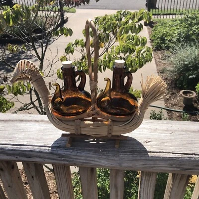 VINTAGE Amber GLASS OIL & VINEGAR CRUET SET IN WICKER HANDLED BIRD BASKET - Image 1 of 4