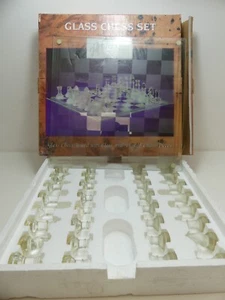 (ref288) Glass Chess Set Harrogate House Clear and Frosted Pieces 36cm x 36cm - Picture 1 of 8