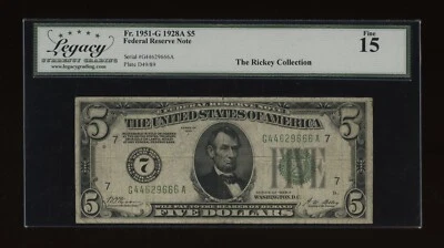 DBR 1928-A $5 FRN Chicago Numeral Fr. 1951-G Legacy 15 Serial G44629666A - Image 1 of 2