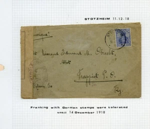 FRANCE CENSORED COVER POST WORLD WAR I FRANKED WITH GERMAN STAMP STOTZHEIM 11/18 - Picture 1 of 1