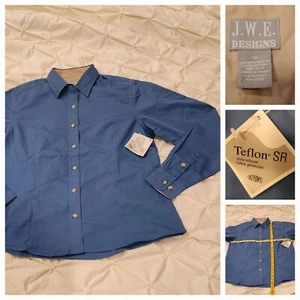 WOMEN BLUE BUTTON FRONT SHIRT FORMAL WORK TOP BLOUSE J.W.E DESIGNS SIZE MEDIUM - Picture 1 of 7