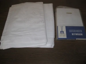 4tlg. alte Bettwäsche Überschlag-Laken 150 x 230 cm Tauben Blüten Lochstickerei - Bild 1 von 3