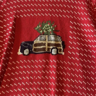 Kitestrings Sweater 12/14 Youth Woody Wagon  Christmas Tree Cottagecore Red - Image 1 of 4