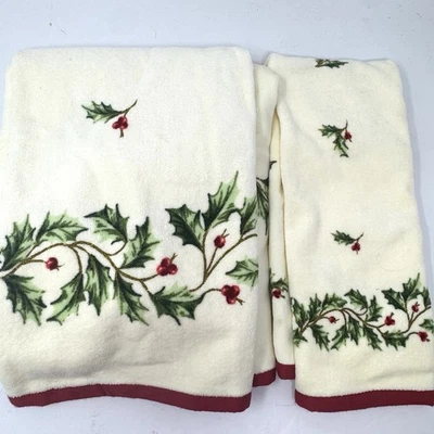 Lenox Toallas de Navidad 1 Baño 1 Toalla de Mano Acebo Bayas Brillo Nuevo con Etiquetas Algodón Foto 1 de 4