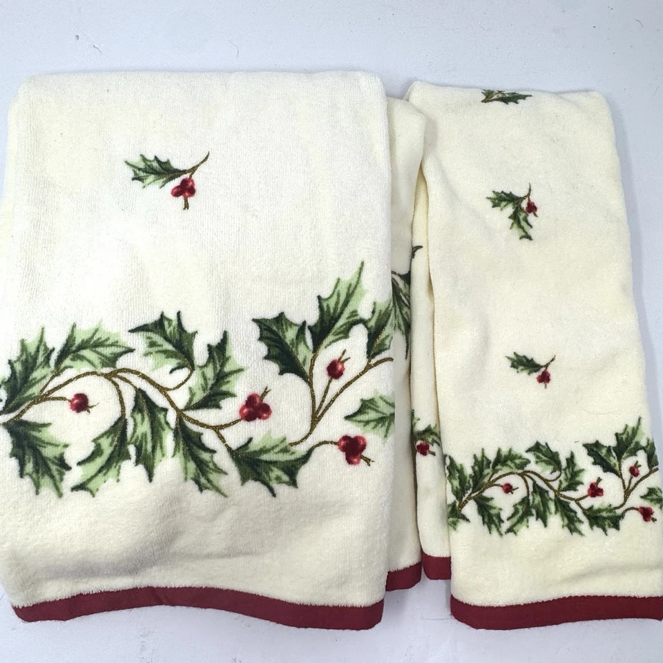 Lenox Toallas de Navidad 1 Baño 1 Toalla de Mano Acebo Bayas Brillo Nuevo con Etiquetas Algodón Foto 1 de 4