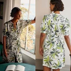 Boden taglia US 10 abito camicia lino fumè bianco floreale verde foglie uccellino resort - Foto 1 di 11