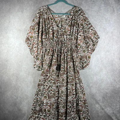 Anthropologie Boemo Maxi Dress Womens Medium Brown Floral Tiered Smocked Boho - Image 1 of 4