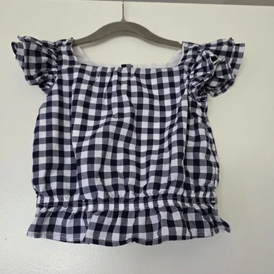 Janie and Jack Girl Blouse Top Navy White Check Gingham Ruffle Sleeve Size 4 - Image 1 of 4