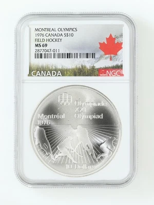 1976  Canada, Montreal Olympics; Field Hockey $10 Silver, NGC Graded MS-69 - Image 1 of 2