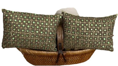 Set/2 Green Bronze Beaded Small 13”x 9.5” Rectangular Decorative Throw Pillows - Image 1 of 4