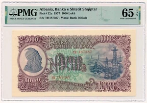ALBANIA banknote 1000 Leke 1957 PMG grade MS 65 EPQ Gem Uncirculated - Picture 1 of 2