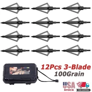 12Pcs Archery Broadheads 100 Grain Stainless Steel 3 Blades Crossbow Arrows Tips - Picture 1 of 12