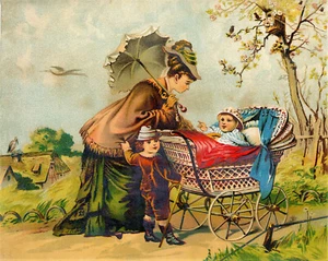 1880s Lg Victorian Trade Card Union Pacific Tea. Young Mother & Wicker Carriage - Picture 1 of 2