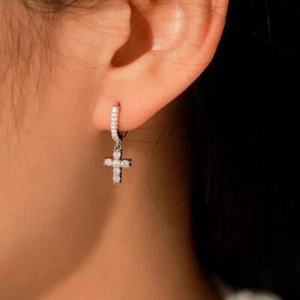 D VVS1 Full Moissanite Cross Dangle Hoop Earrings Hip Hop 18K White Gold Plated - Picture 1 of 15