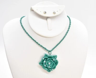 18" Teal Enamel Crystal Flower Pendant Chain Necklace & Charlotte Russe Earrings - Image 1 of 4