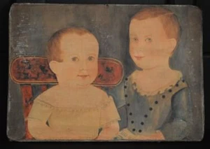 Handgefertigter primitiver Volkskunst zwei Kinder Druck auf Leinwand 8 x 10 Zoll - Bild 1 von 3