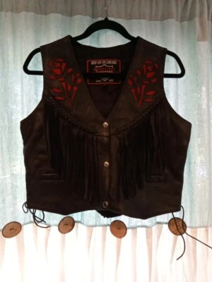 Interstate  Leather Women's Black Leather Fringe Motorcycle Vest W/ Roses M - Image 1 of 4