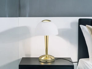 Kleine LED Tischlampe mit Glasschirm, Pilzlampe dimmbar, Nachttischlampe Messing - Bild 1 von 6