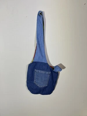 Vintage 70s Denim Tote Bag Bucket Handmade Ruler Lined Boho Cottage - Image 1 of 4