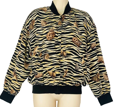 Винтажный 1980-х шелковая куртка большого размера новинка печати зебра тигр морские раковины животное - Изображение 1 из 4