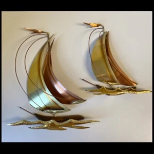 Vtg 70’s Sailboats Two Tone Brass Copper SET OF 2 Wall Decor MCM Sculpture Art - Picture 1 of 10