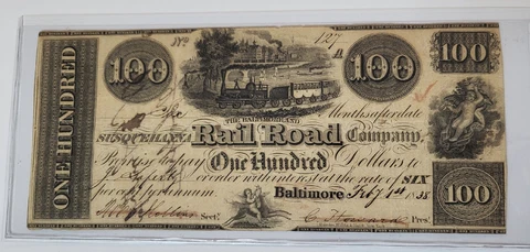 1838 Baltimore & Susquehanna Railroad Co., Baltimore, MD $100 Note No.127 Cover