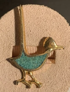 Roadrunner Gold Tone Mosaic Turquoise Chip Inlay Brooch Signed - Picture 1 of 13