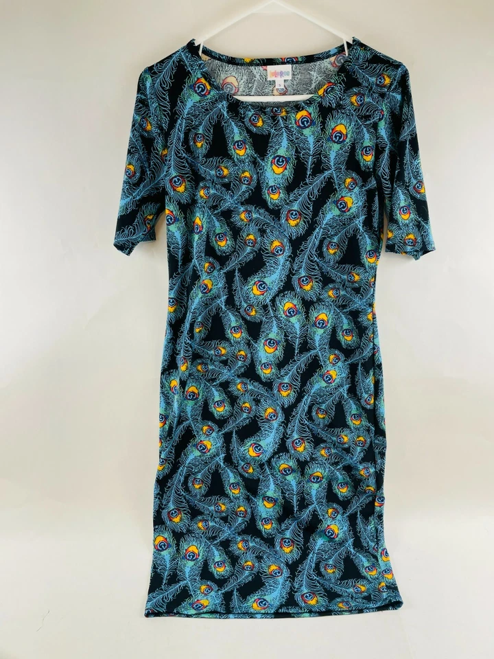 Blusa de vestir Julia para mujer talla pequeña azul manga corta pavo real pájaro hasta la rodilla Foto 1 de 4