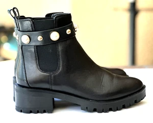 Karl Lagerfeld Paris Boots Womens Pola Black Leather Chelsea  Sz 8 M Pearl Studs - Picture 1 of 9