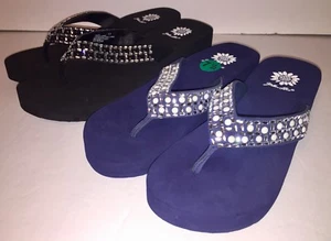 Yellow Box Flip Flops Sandals Women's Touch Wedge Pearl Jeweled Blue Black NWT - Picture 1 of 36