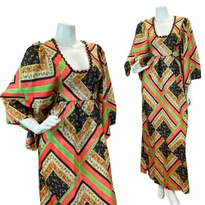 VTG 60S 70S PSYCHEDELIC PAISLEY KAFTAN MAXI DRESS RED GREEN BLACK YELLOW 10-12 - Picture 1 of 8