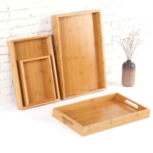 Kitchen Bamboo Rectangular Service Tray With Flat Handle Desserts Coffee Storage