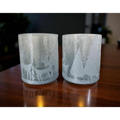 Two Yankee Candle 3" Votive Candle Holders Shimmering Forest Crackle Glass - Image 1 of 4
