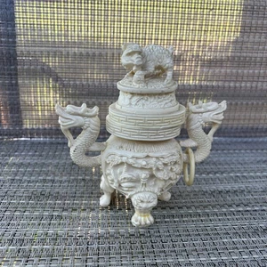 Vintage signiertes asiatisches geschnitztes Zelluloid Tintenfass FOO HUND Kranich Drachen REPARIERT - Bild 1 von 9
