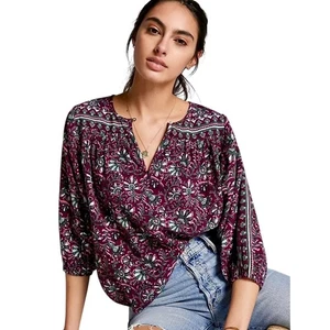 OMIKA Bluse M Blumen Boho Dolmanärmel Leinen Oberteil ein Knopf - Bild 1 von 13