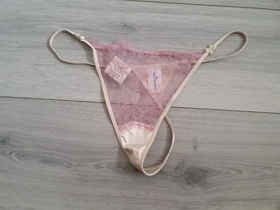 Tanga de lujo vintage Ann Summers de encaje transparente y satinado visón/bor colorete talla 14-16 nuevo con etiquetas Foto 1 de 4
