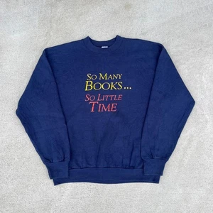 Sudadera Fruit of the Loom años 90 mensaje tantos libros hecha en EE. UU. Marina usada - Imagen 1 de 6