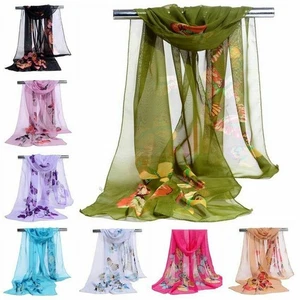 Women Soft Wrap Fashion Butterfly Flower Print Long Chiffon Scarf Shawl Silk - Picture 1 of 18