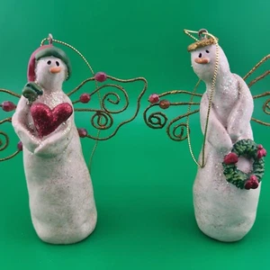 Engel Schneemann Ornamente glitzernd weiß mit Draht Perlen Flügel 3,5" 2er Set - Bild 1 von 4