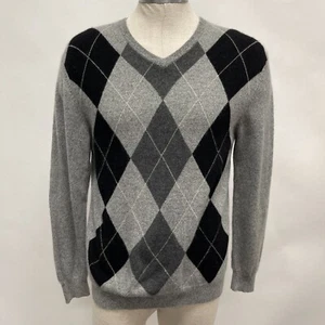 Northern Isles Sweater Medium Gray Argyle Diamond 100% 2 Ply Cashmere V-Neck - Picture 1 of 8