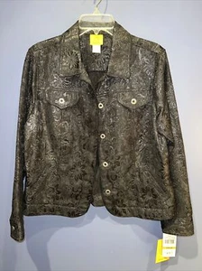 Womens 14 Black Denim Jacket, Floral Sparkle Stretch Ruby Road, NWT - Picture 1 of 6