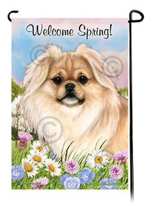 Welcome Spring Garden Flag - Cream Tibetan Spaniel - Picture 1 of 1