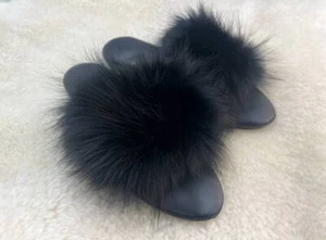 Women black fox fur leather house slippers Open toe home shoes Furry slippers - Picture 1 of 7