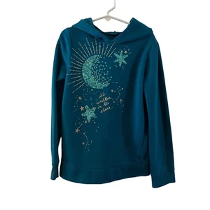 Sonoma Girls Teal Blue Sequin Hoodie 8 Moon Stars Gold Glitter Pullover Space - Picture 1 of 5